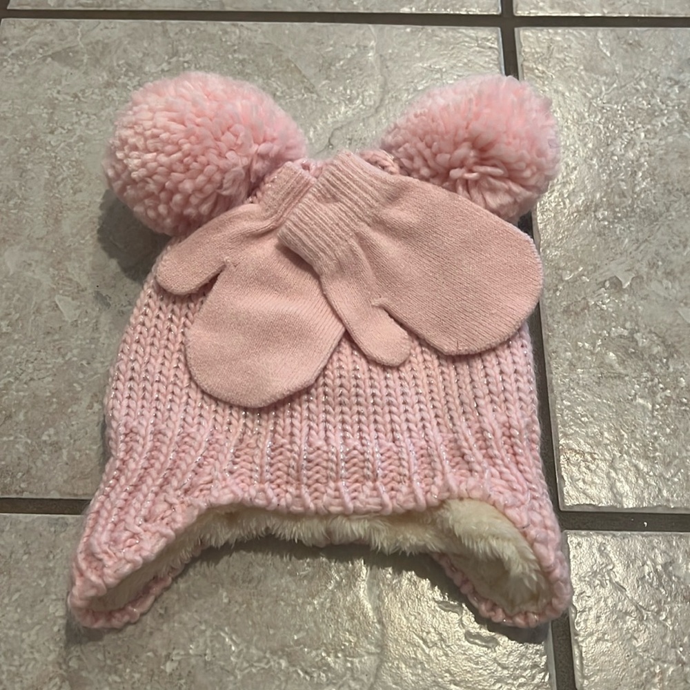 Ava Olivia Pink Sparkle KnitFur Lined Double Pom Pom Beanie Hat & Mittens NWT